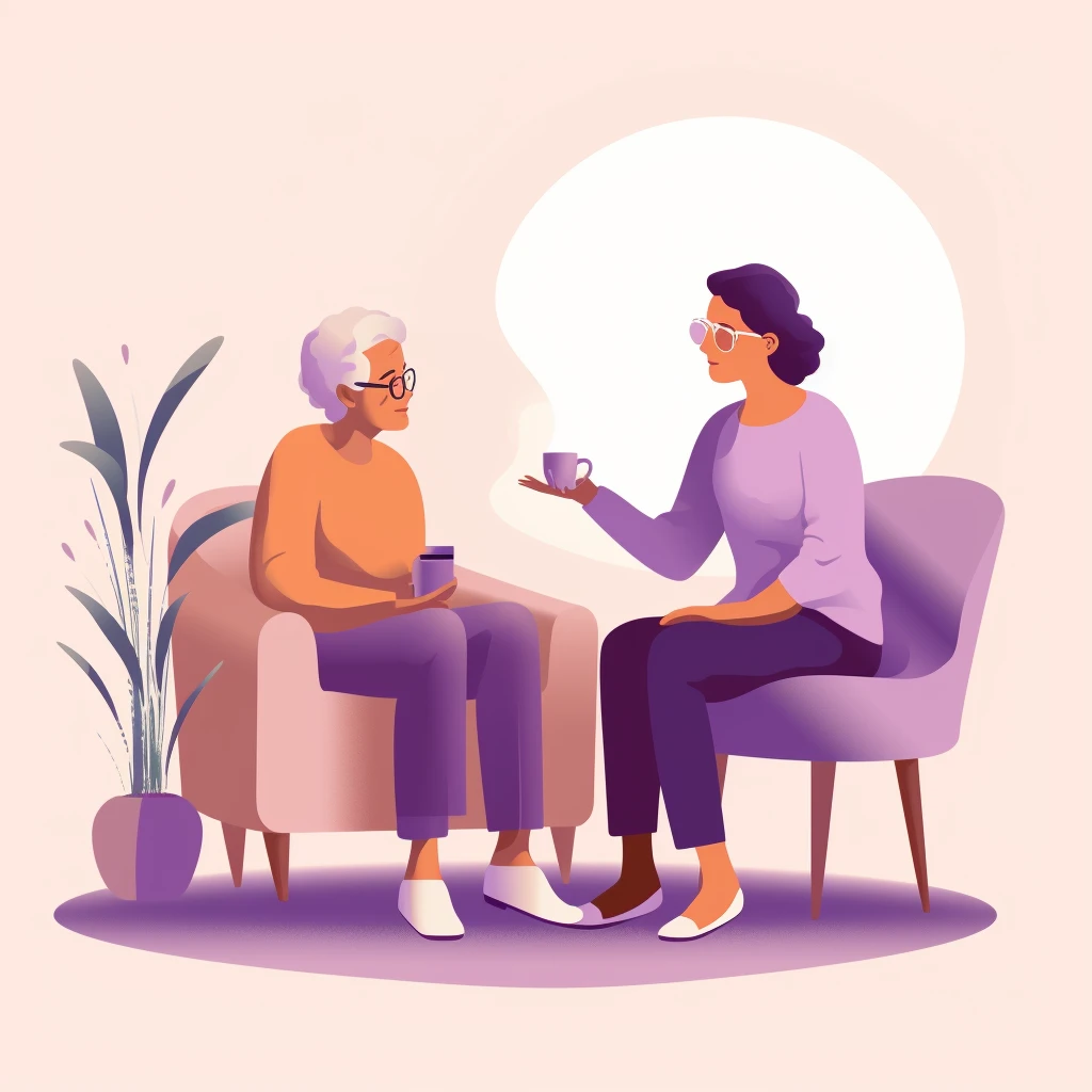 Two women engaged in a relaxed conversation over cups of hot beverages.