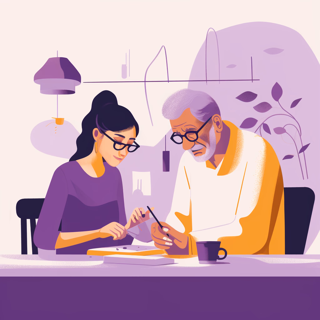 A young woman and an elderly man sitting at a table in deep conversation.