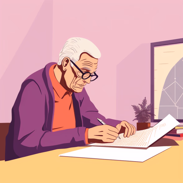 An elderly man writing on a piece of document.