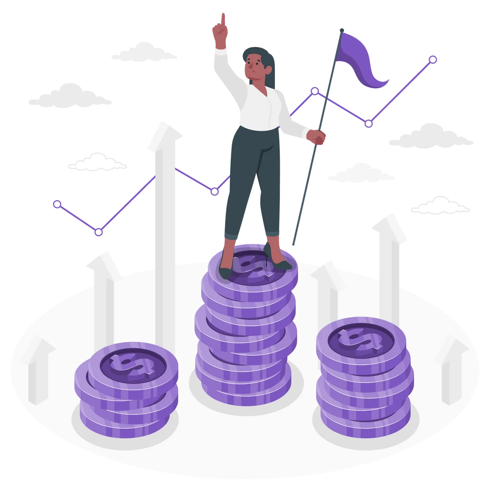 A female character standing triumphantly atop a stack of coins. 