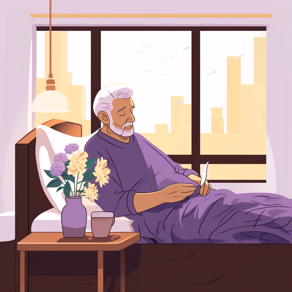 An elderly man resting in bed, holding a letter by the window.