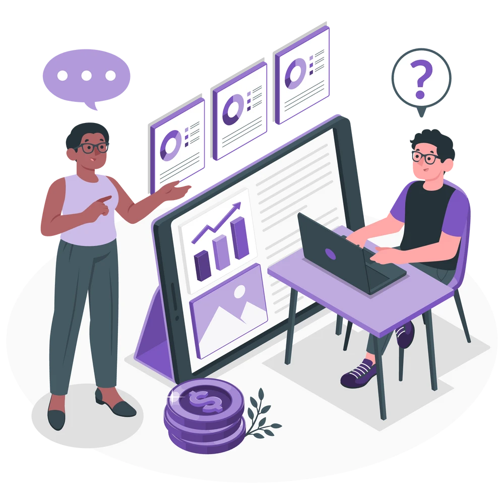 Two people deeply involved in a conversation as they analyze charts and graphical data.