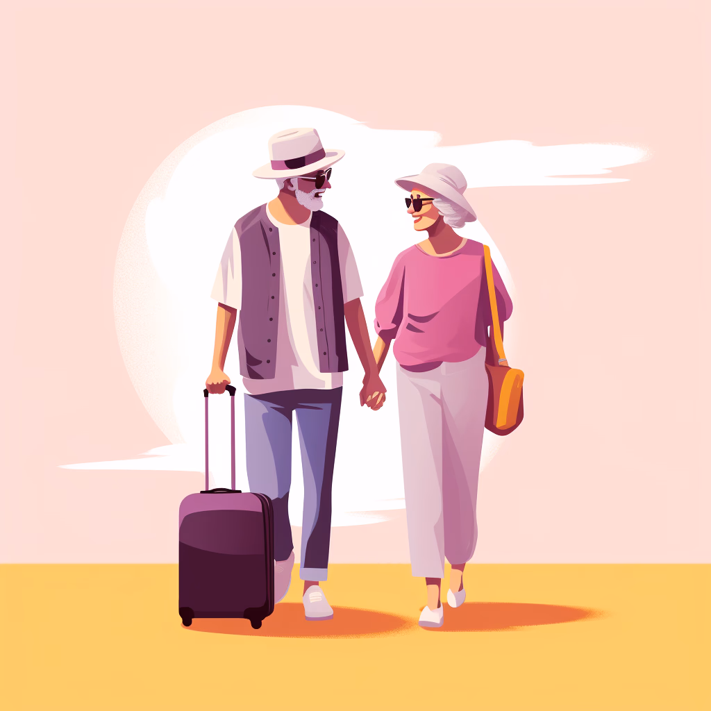 An old couple walking side by side while on vacation.