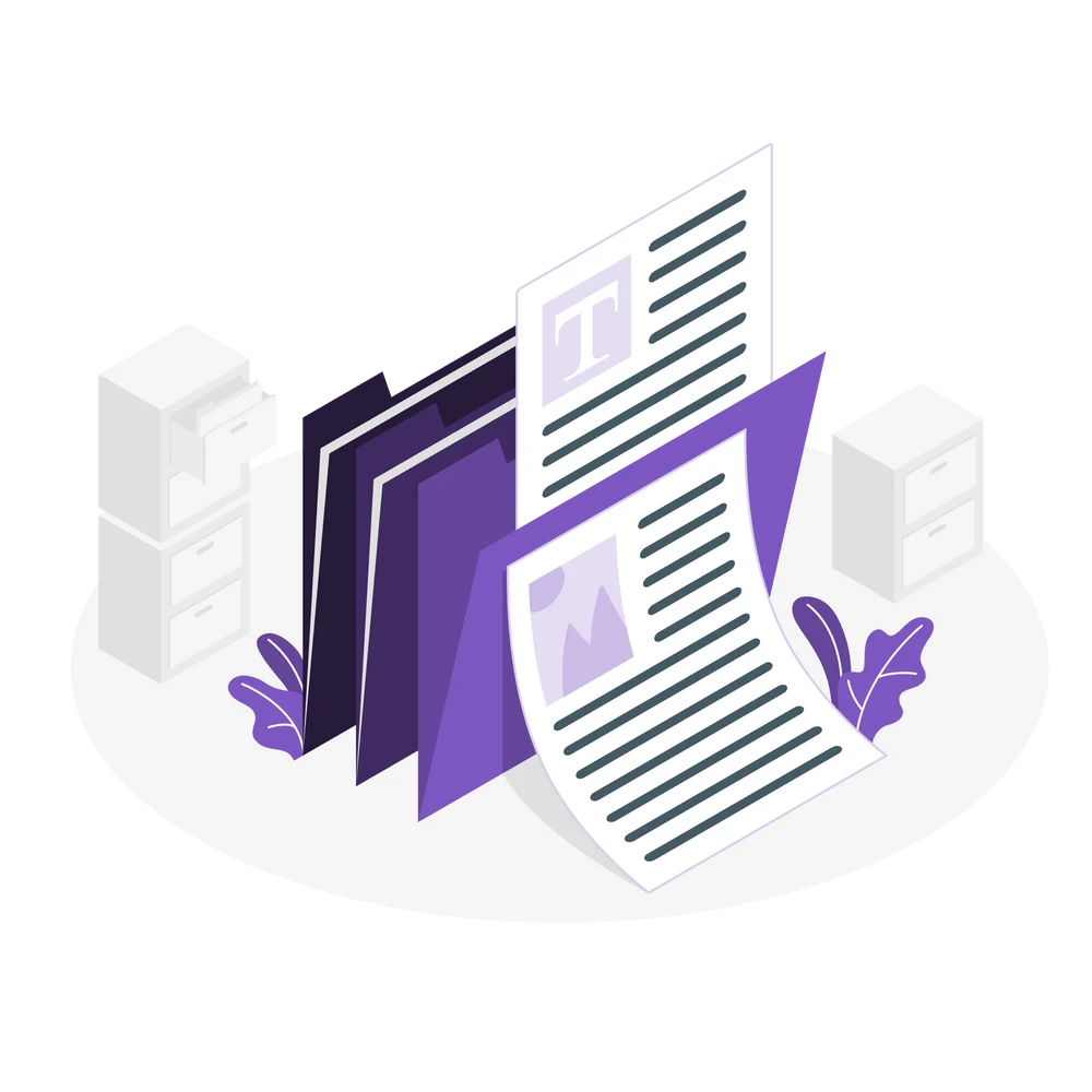 An illustration featuring a set of office-related items including documents and filing cabinets.