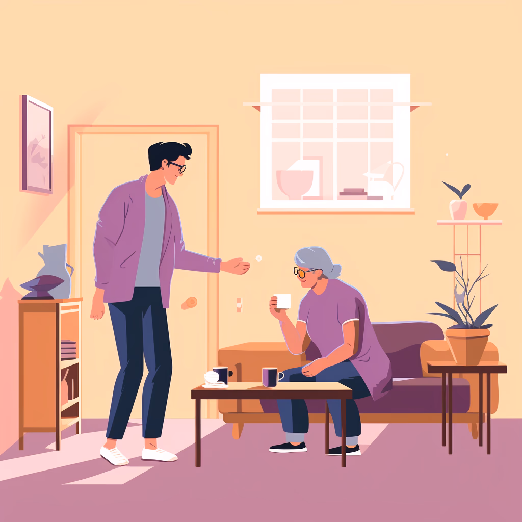 A young man and an elderly woman having a conversation over coffee in a cozy living room.