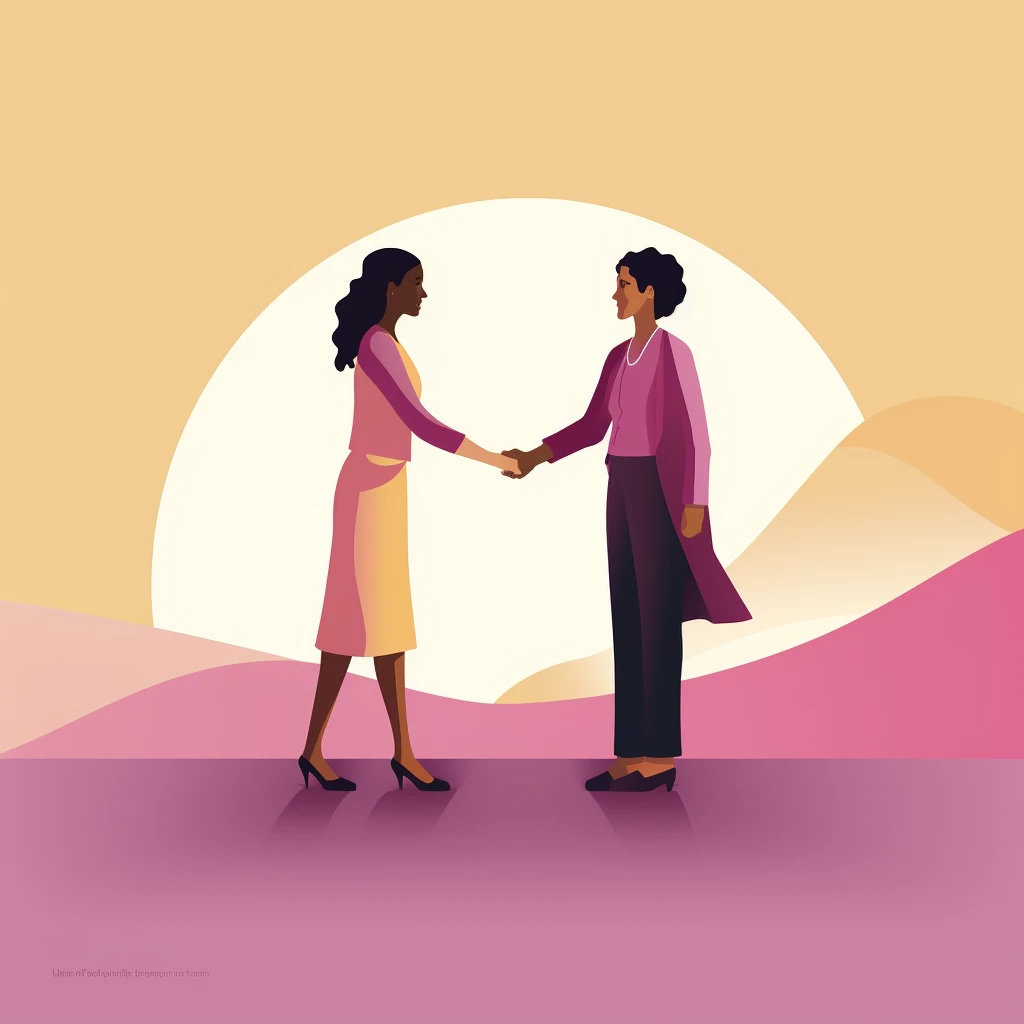  Two women standing face-to-face with their hands meeting in a gentle handshake.