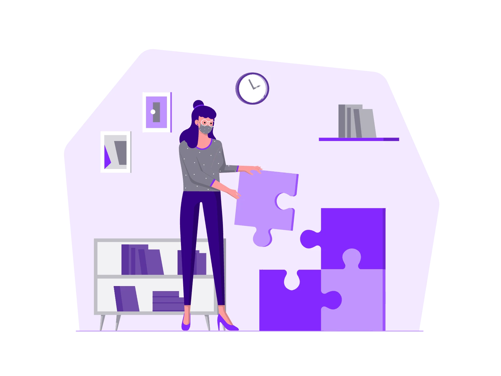 A woman grasping a sizable puzzle piece, working on fitting it together.