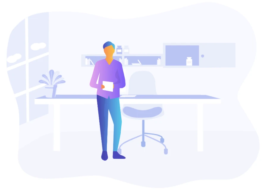 An individual standing in an office setting.