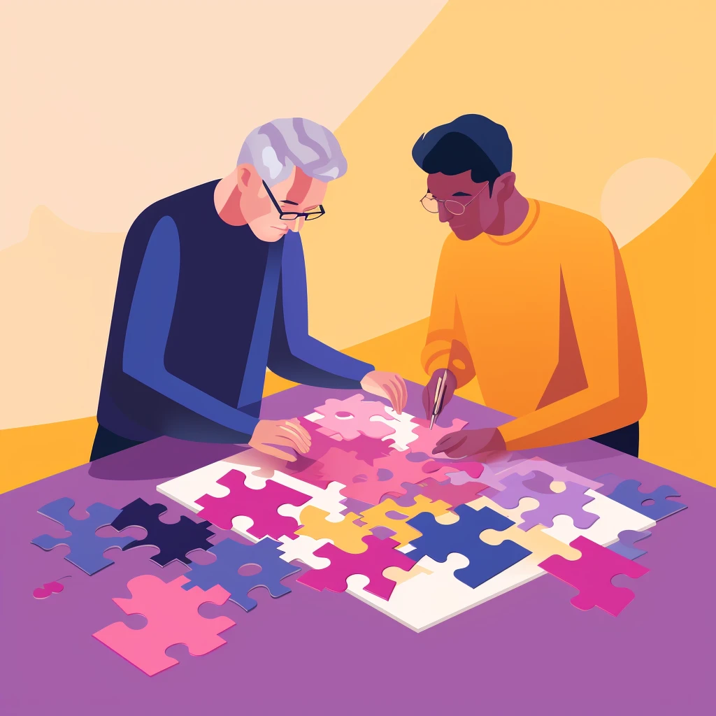 A young man assisting an elderly gentleman as he works on a puzzle.