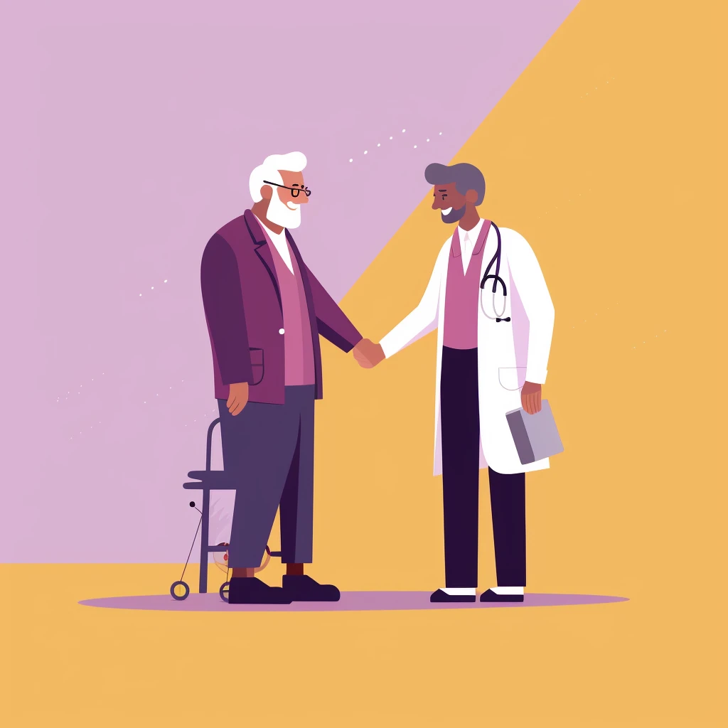 An elderly man and a medical professional shaking hands in a friendly manner.