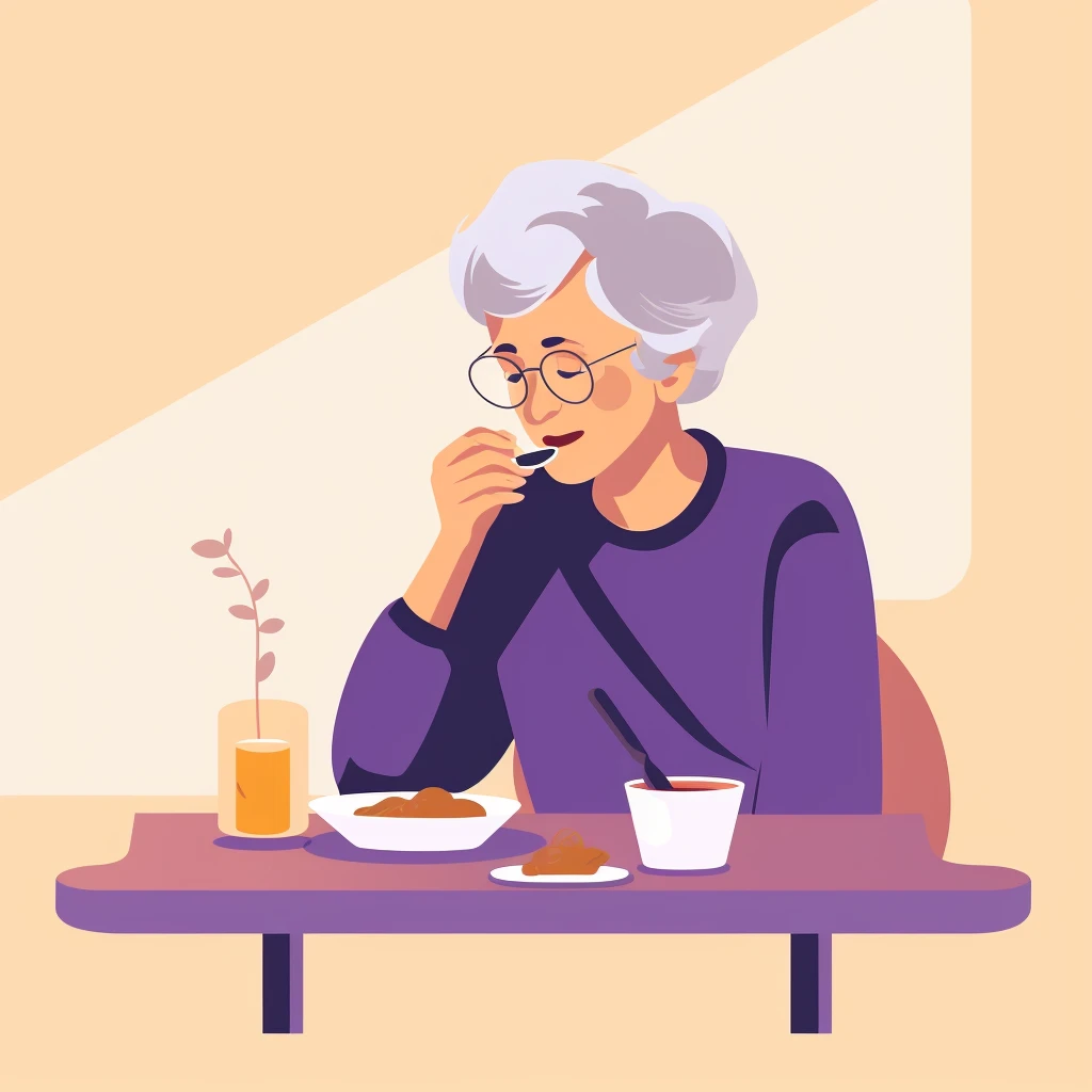 An elderly woman enjoying some snacks.