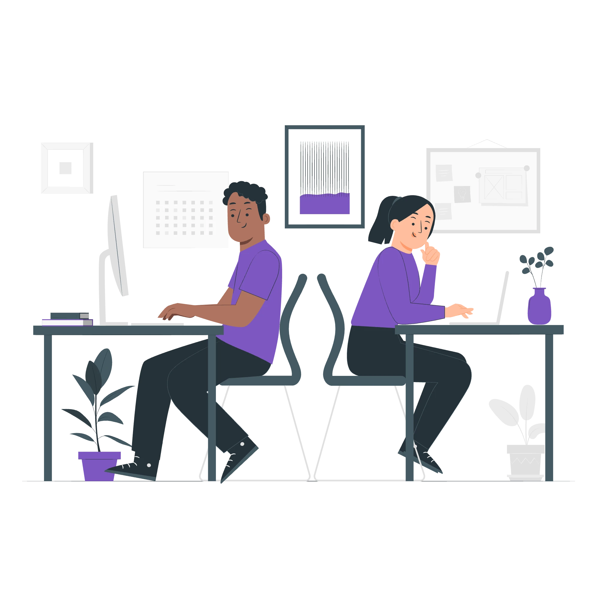 A man and a woman working at individual desks in an office setting.