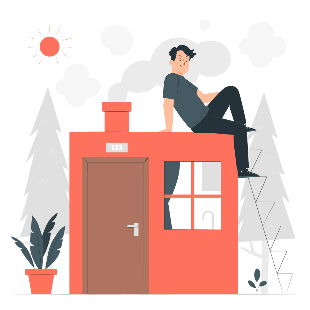 A young man sitting proudly atop a house.