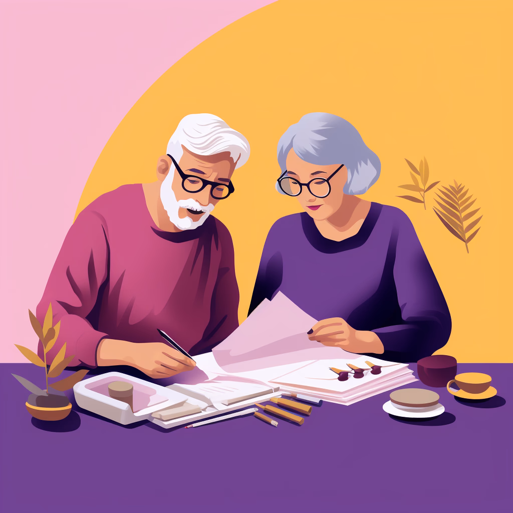 An elderly couple reviewing documents together at a table.