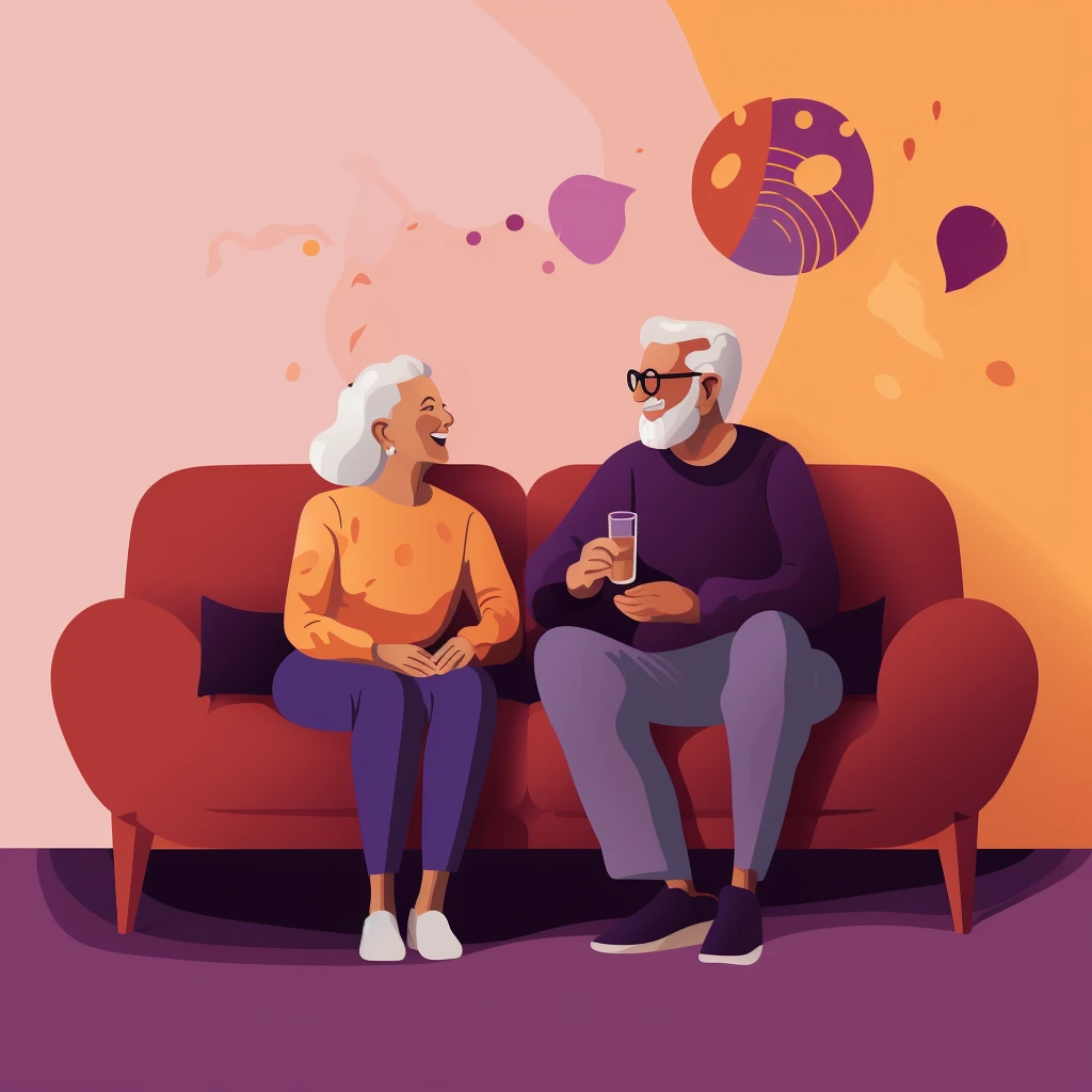 An elderly couple seated on a couch, happily engaged in a conversation.