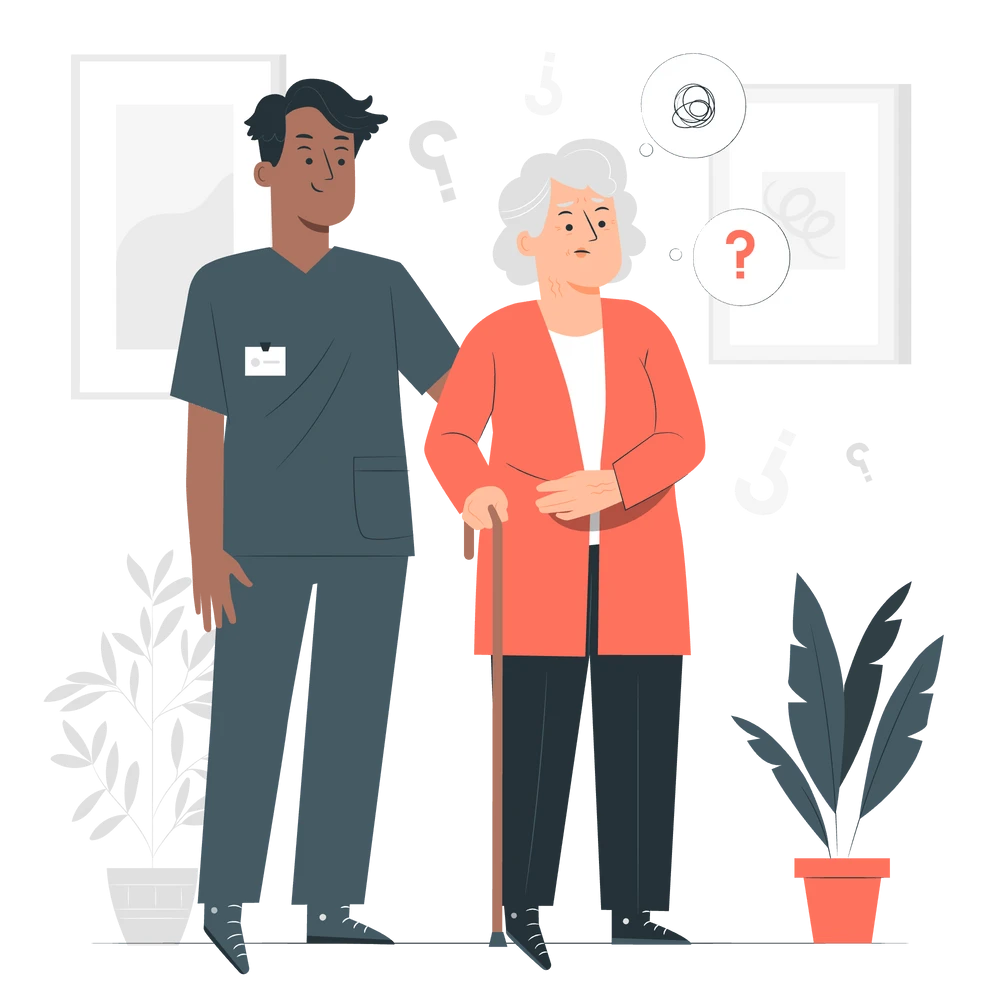 A young healthcare worker aiding an older lady.