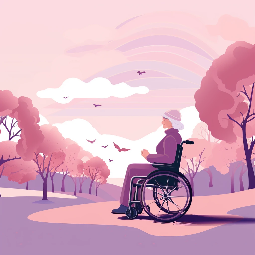 An elderly woman seated in a wheelchair, enjoying the serene beauty of nature.
