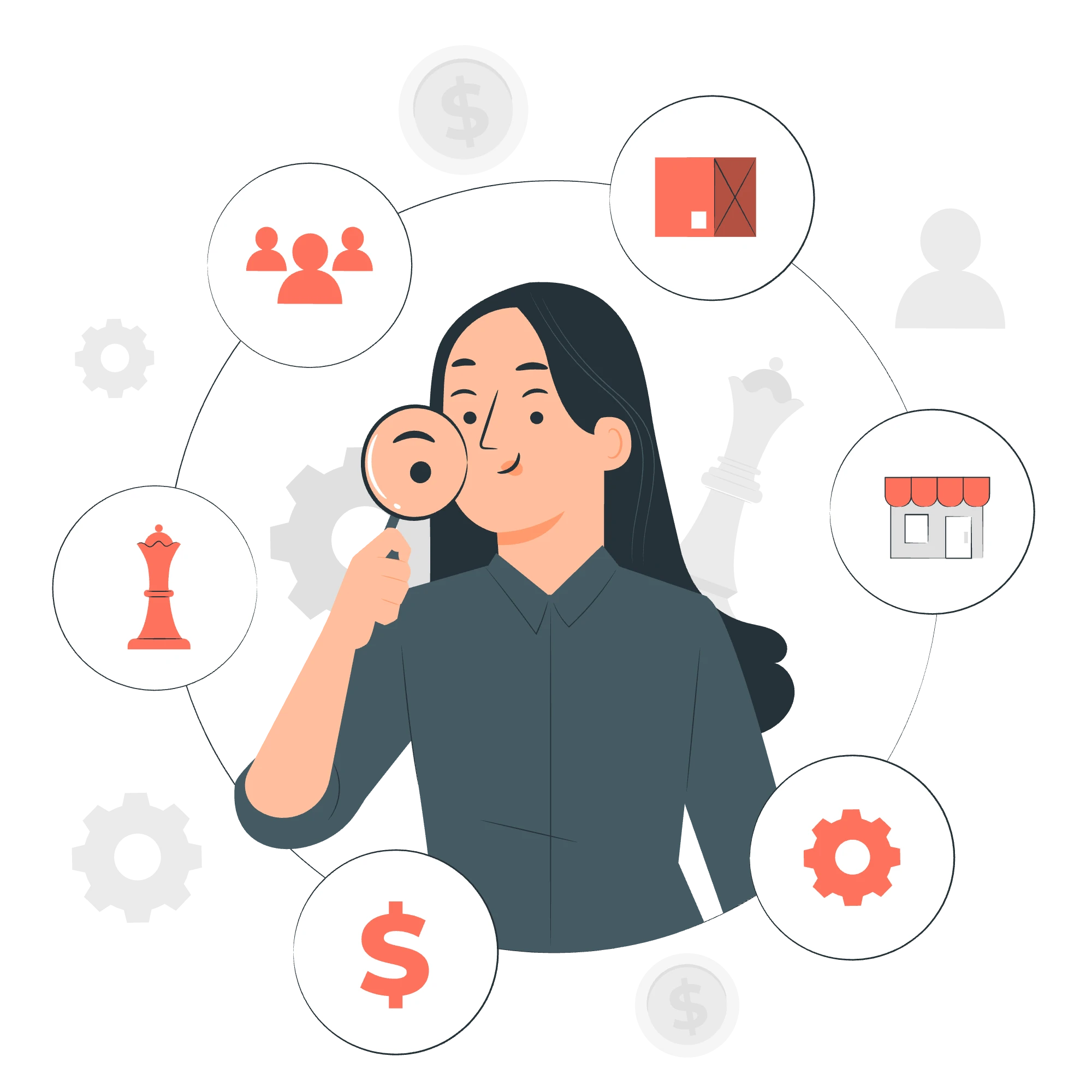 A woman holding a magnifying glass close to her face surrounded by icons including symbols for money, a chess piece, a parcel, and a storefront.