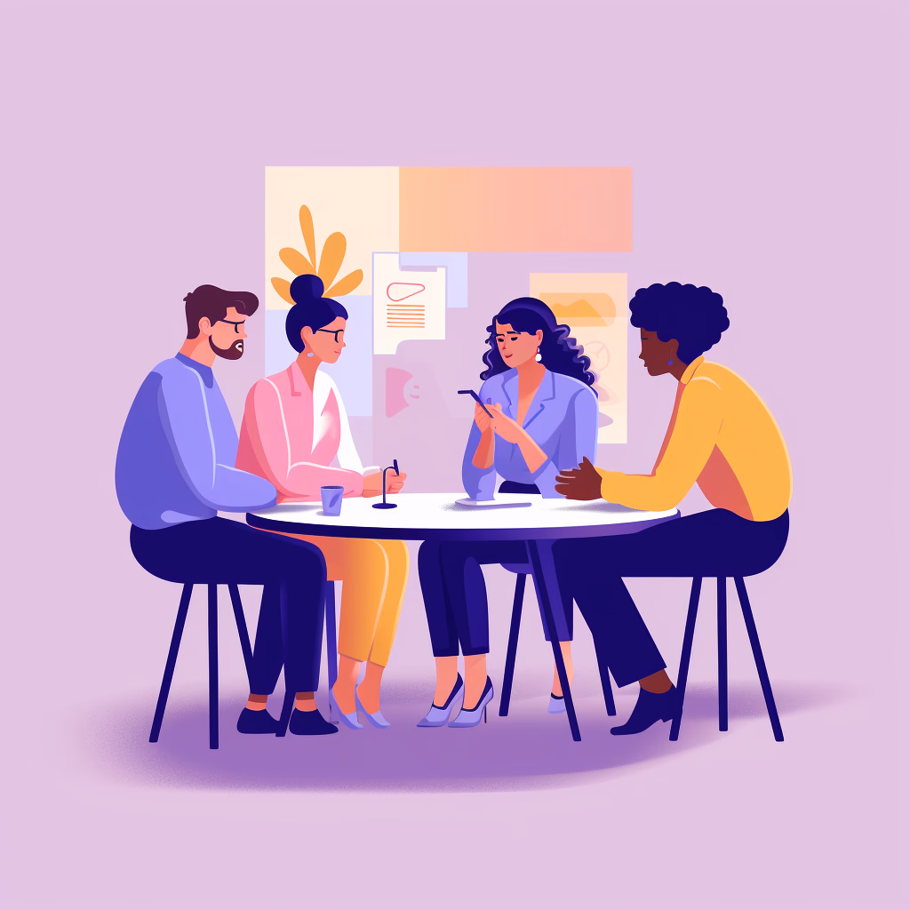 An illustrated scene of a group of individuals gathered around a table, having a discussion.