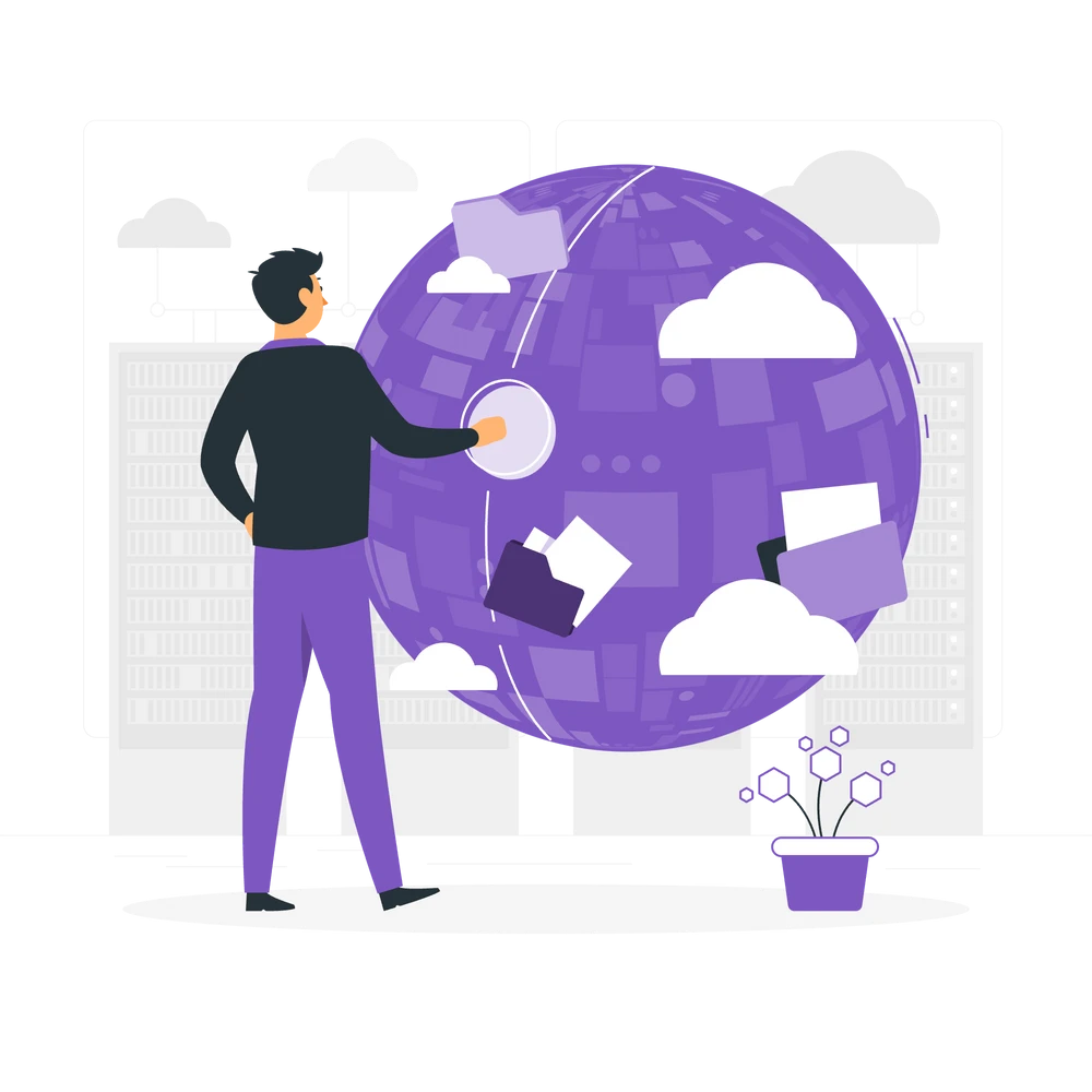 An illustration of a man standing in front of a large globe.