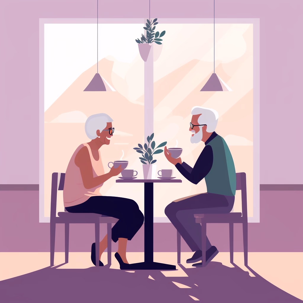 An elderly couple cheerfully enjoying a cup of coffee.