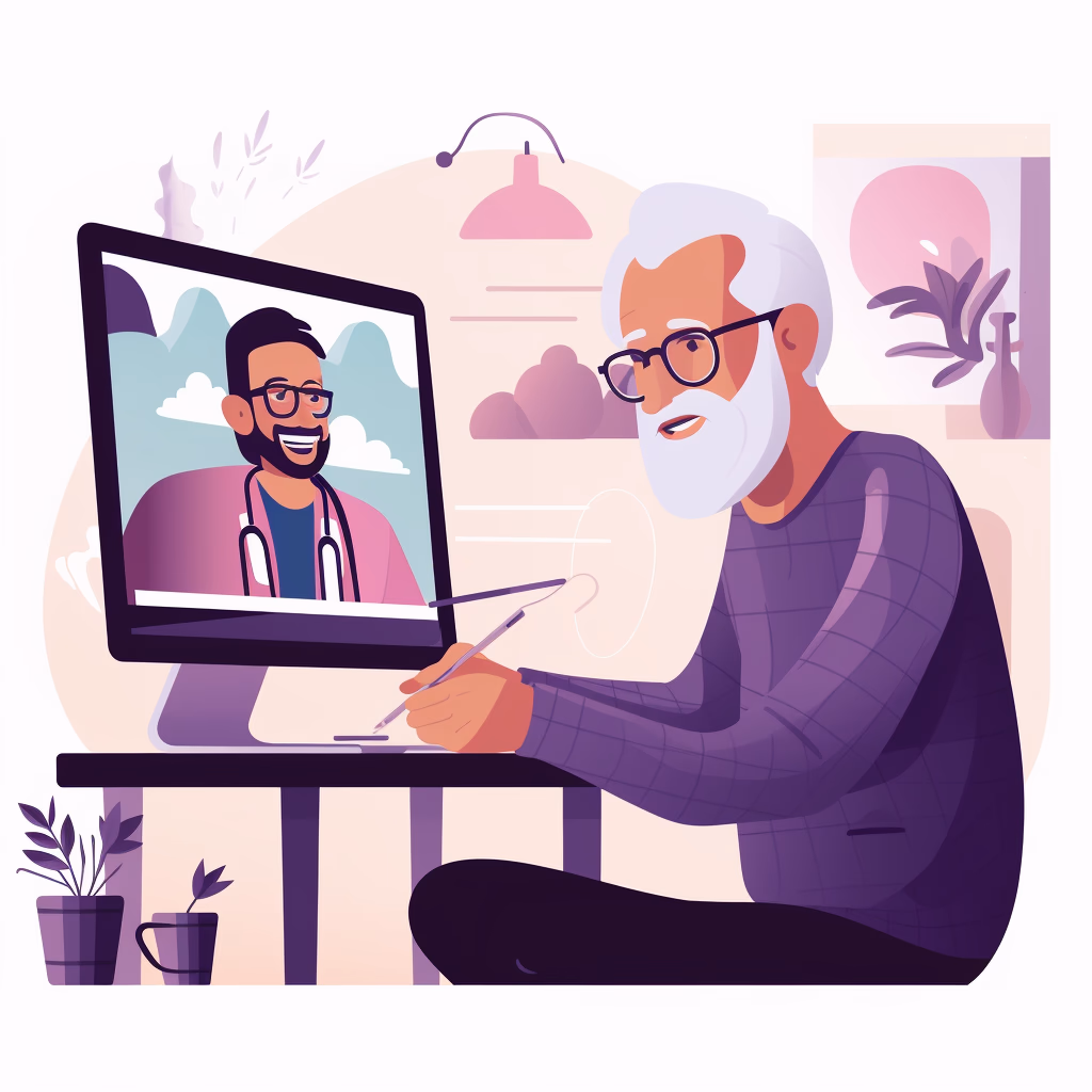 An elderly gentleman having a digital consultation with a medical professional.