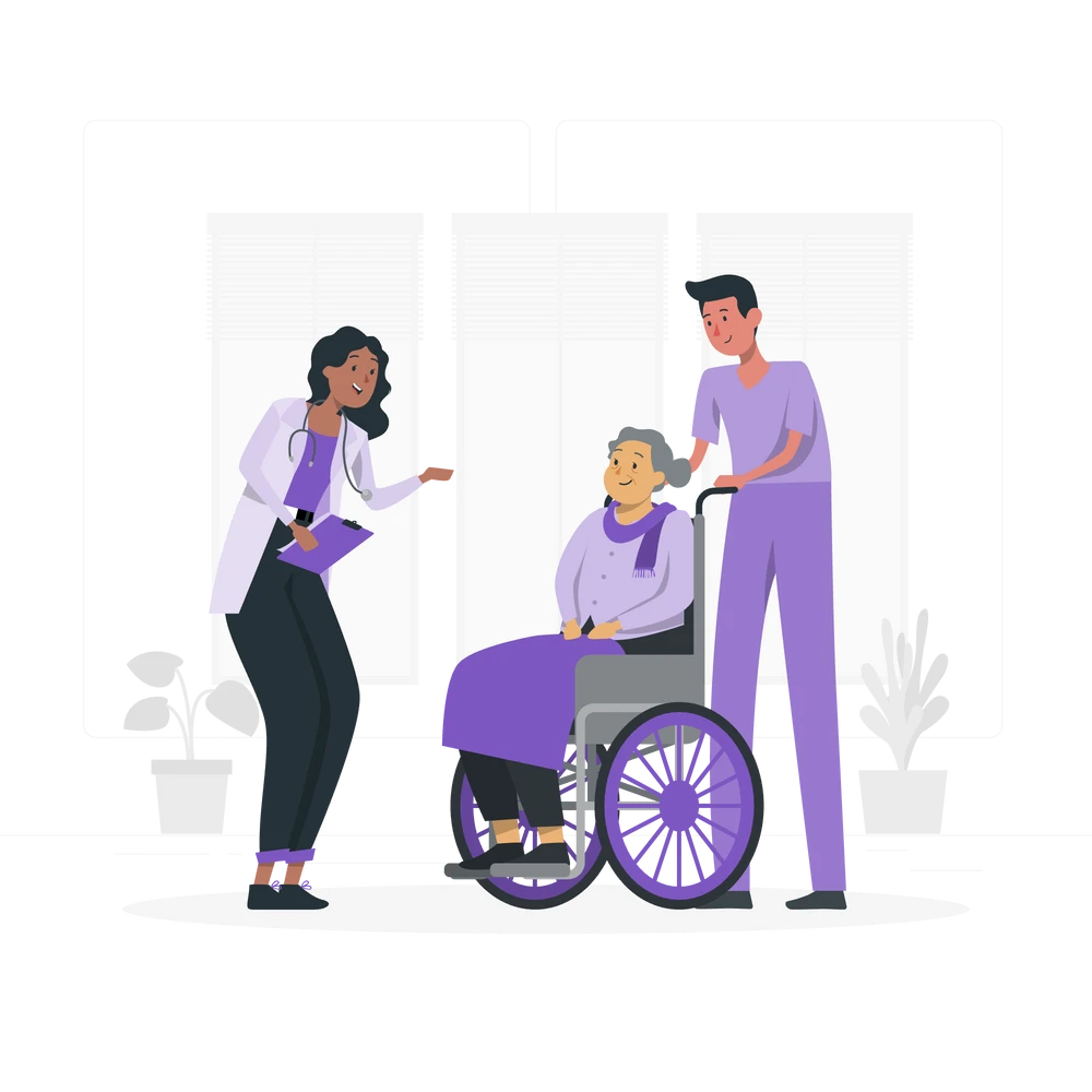 A compassionate medical scene, with professionals attending to an elderly patient in a wheelchair.