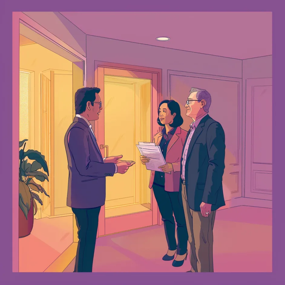 An artistic representation of Chris Chen, CFP® presenting a Waterlily long-term care plan to his clients.