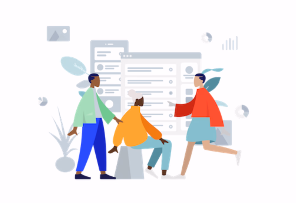 A group of people collaborating and interacting with one another in a tech or digital setting.